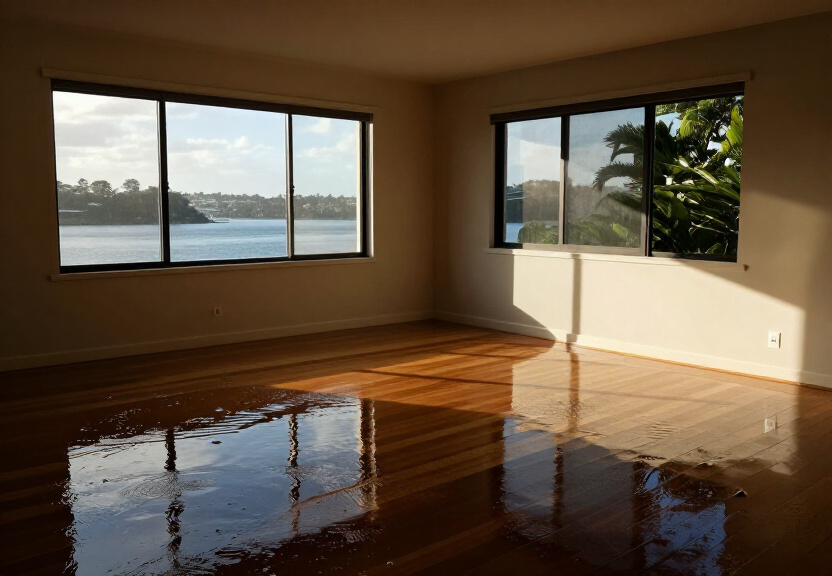 Flooded living room in Cambridge Gardens before restoration